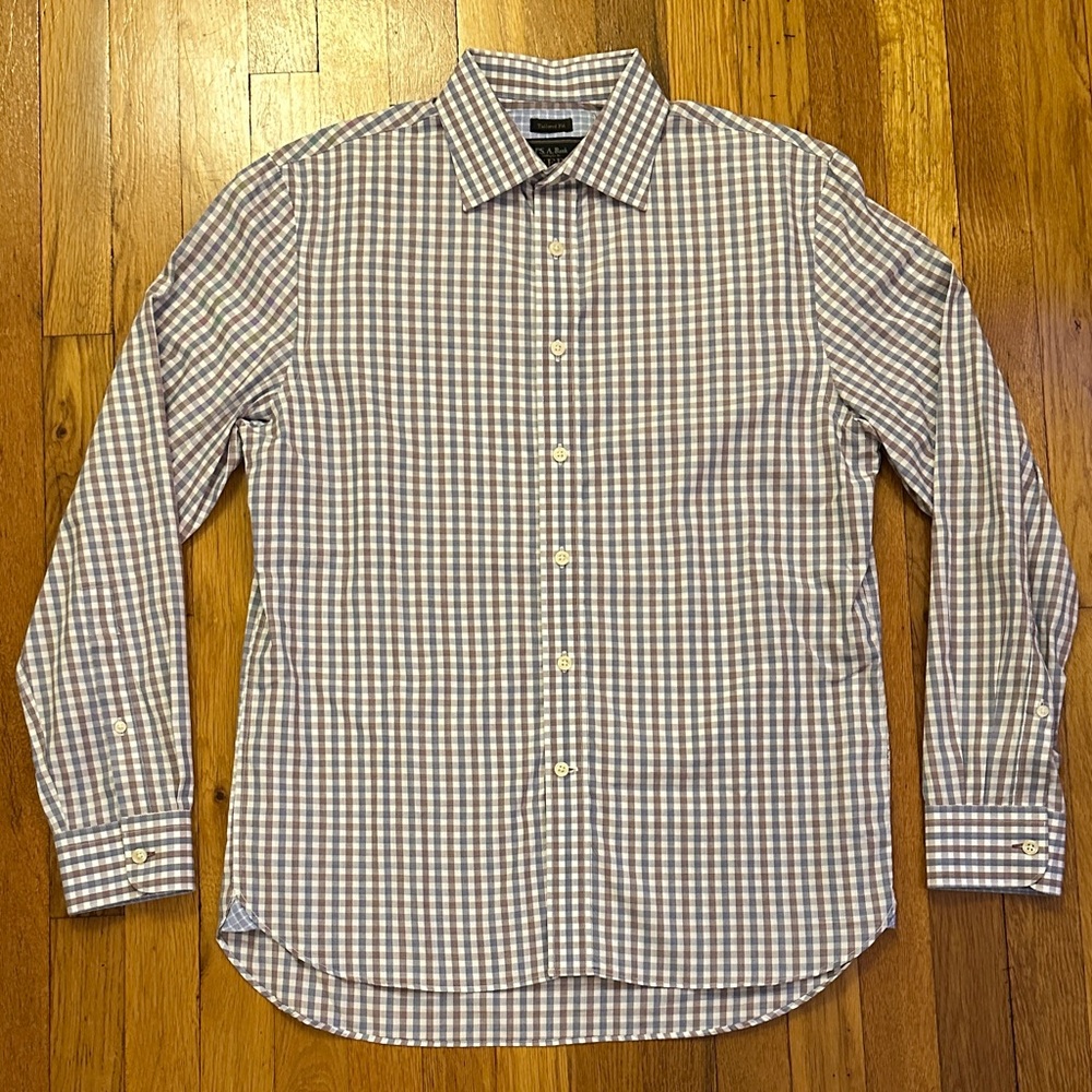 Jos. A. Bank Reserve Men's Tailored Fit Blue/Brown/White Gingham Dress Shirt Med